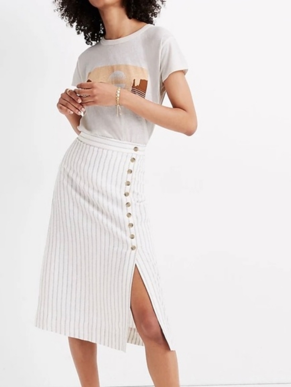 Madewell Striped White Linen-Blend Button-Front Skirt | Size 2